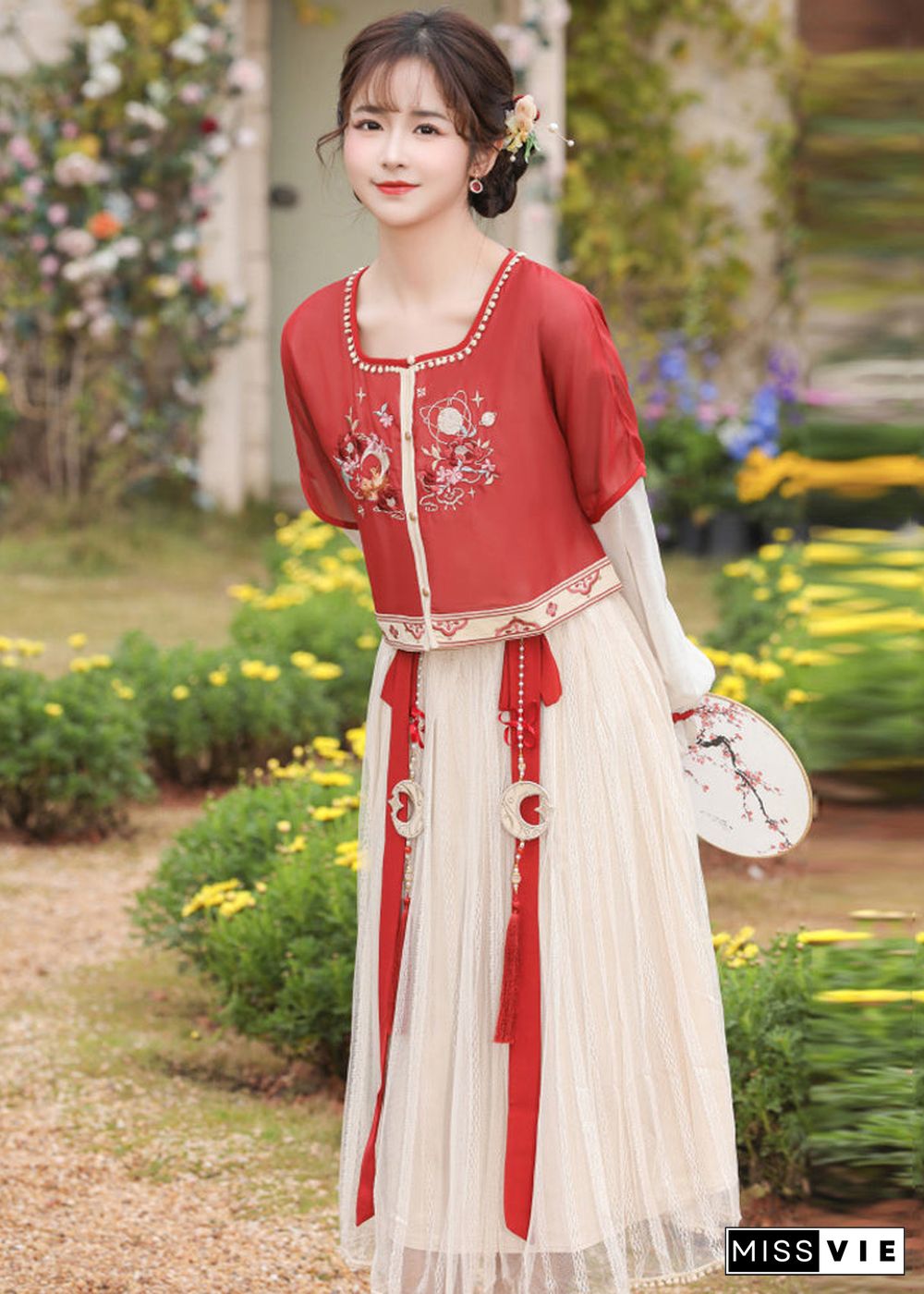 Chinese Style Red Embroideried Tops And Pleated Skirt Chiffon Two Pieces Set Long Sleeve