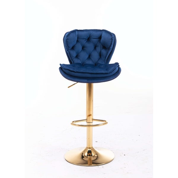 Set of 2 Bar Stools，with Chrome Footrest and Base Swivel Height Adjustable Mechanical Lifting Velvet + Golden Leg