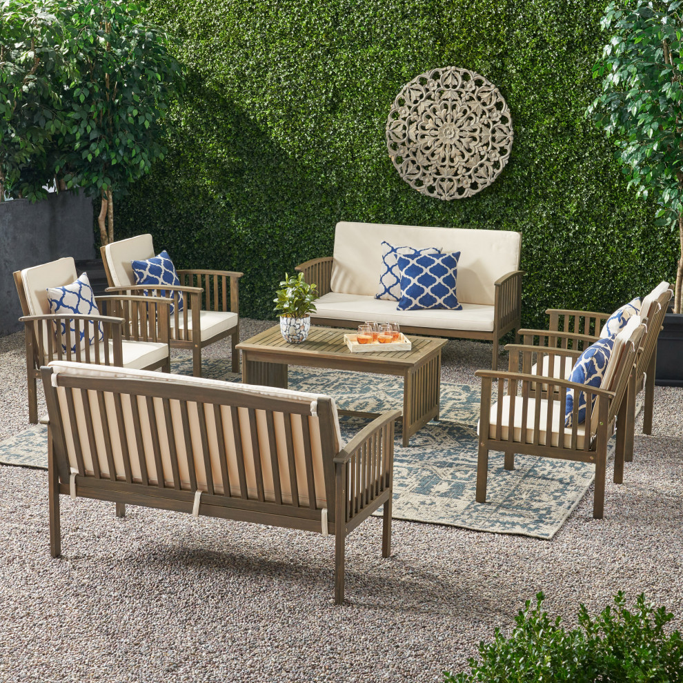 8 Piece Beckley  Gray Finish Acacia Chat Set   Craftsman   Outdoor Lounge Sets   by GDFStudio  Houzz