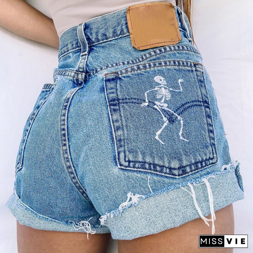 Basic Casual Embroidered Graphic Denim Shorts