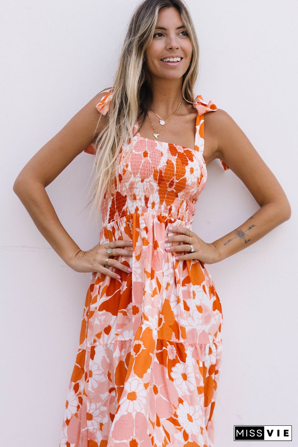 Orange Shirred Lace-up Strap Sleeveless Floral Maxi Dress