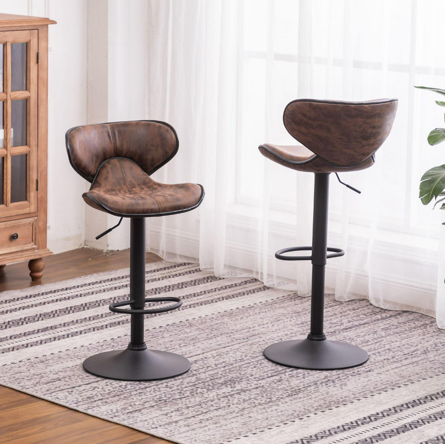 Roundhill Furniture Masaccio Weathered Brown Upholstery Airlift Adjustable Swivel Barstool with Chrome Base， Set of 2， Fabric