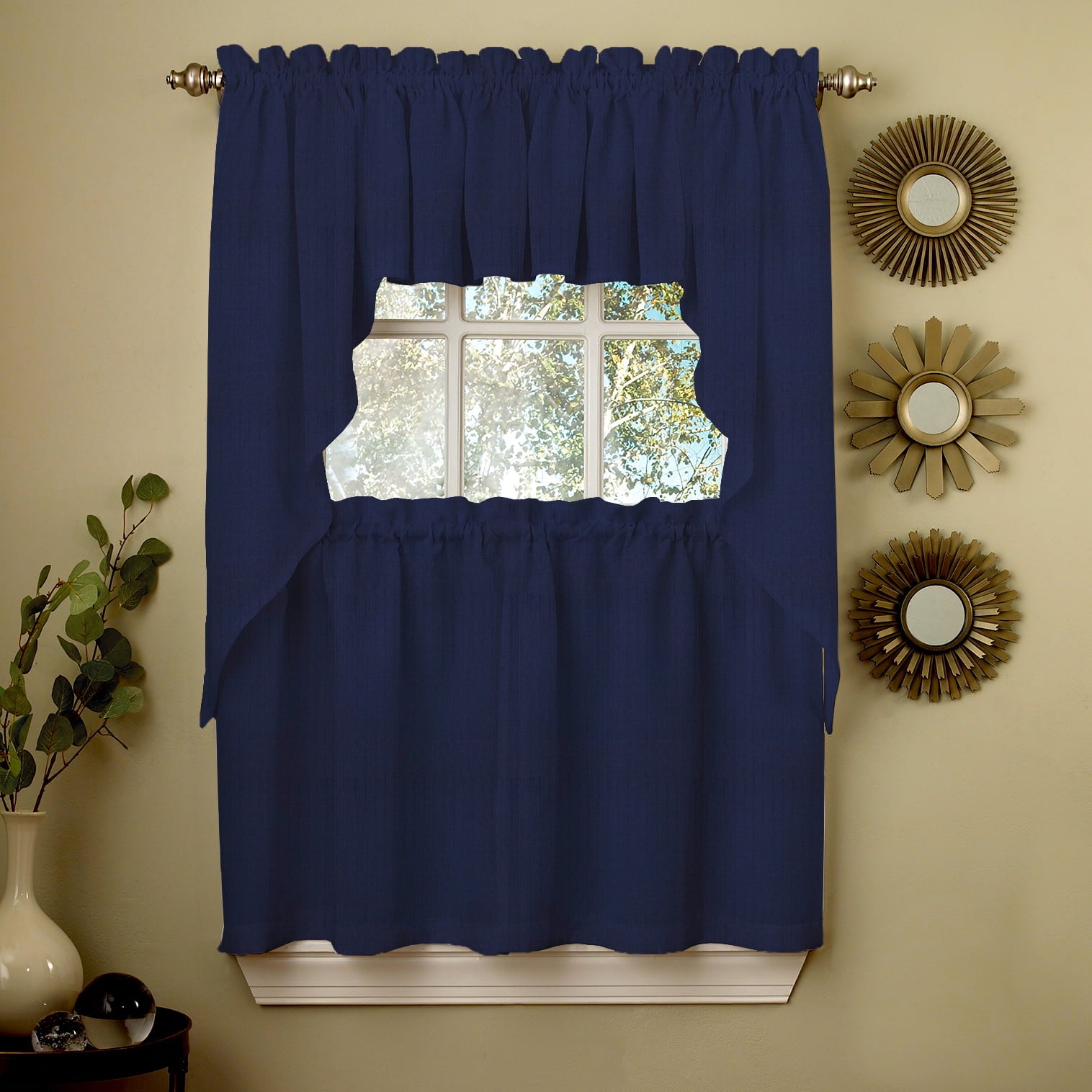 Navy Solid Opaque Ribcord Kitchen Curtains Choice of Tiers Valance or Swag