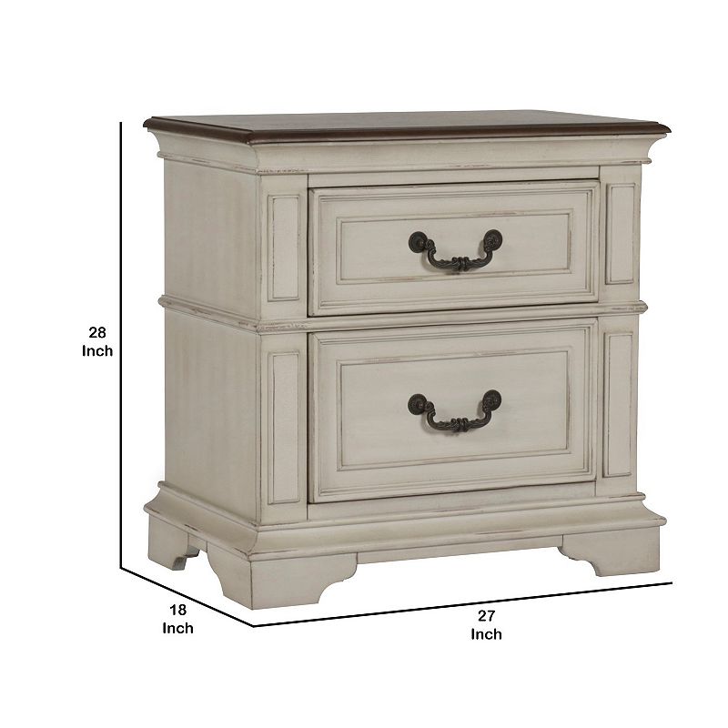 Two Drawer Wooden Nightstand with Bracket Legs， White and Brown