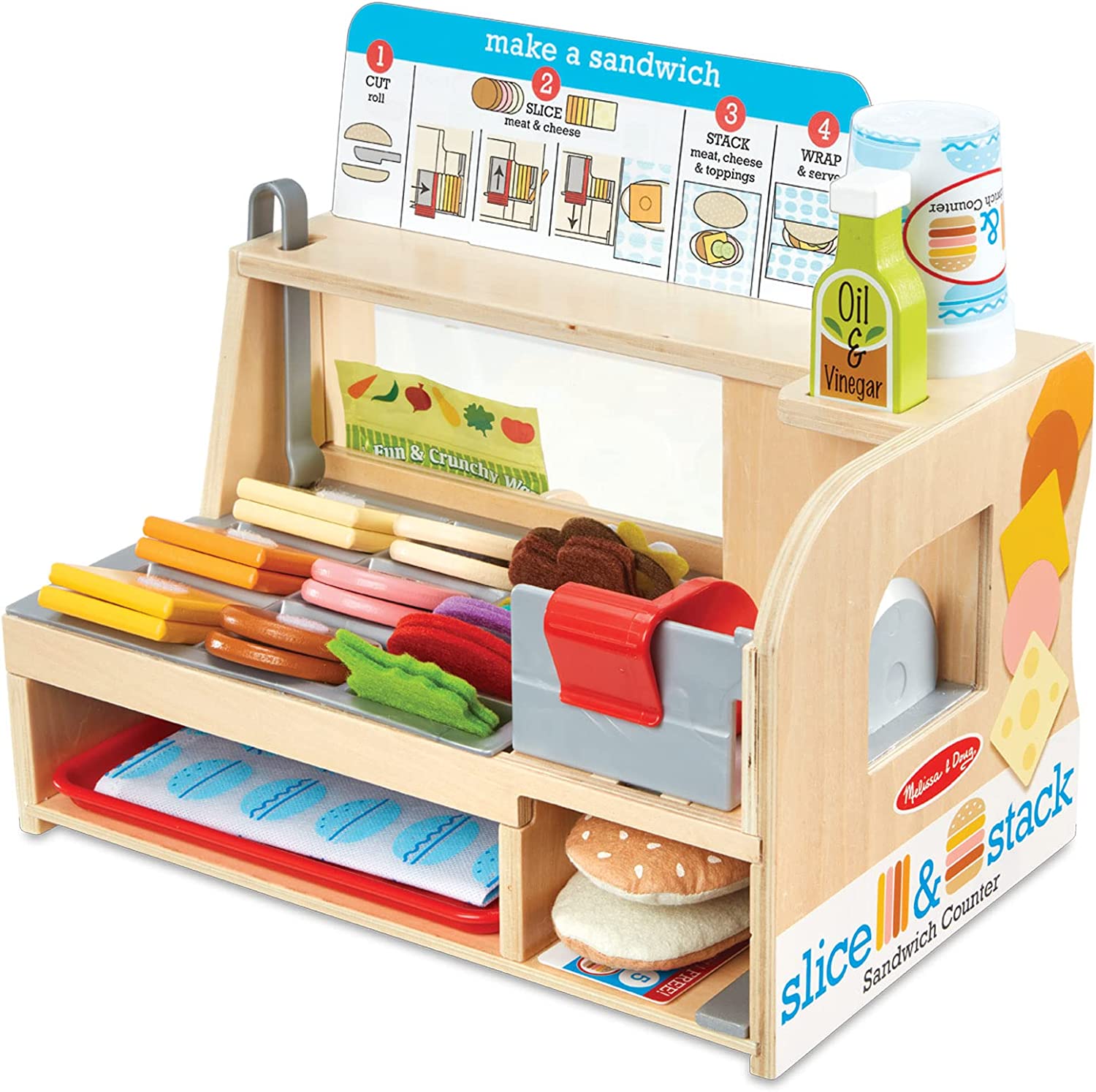 Melissa and Doug Wooden Slice and Stack Sandwich Counter with Deli Slicer – 56-Piece Pretend Play Food Pieces - Wooden Food Toys， Kitchen Play Food Set For Toddlers And Kids Ages 3+