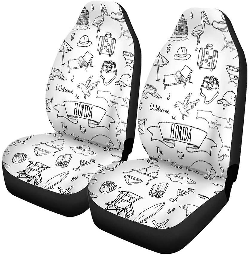 Set Of 2 Car Seat Covers Doodle Florida Symbols Collection Of State Cartoon Alligator Universal Auto Front Seats Protector Fits