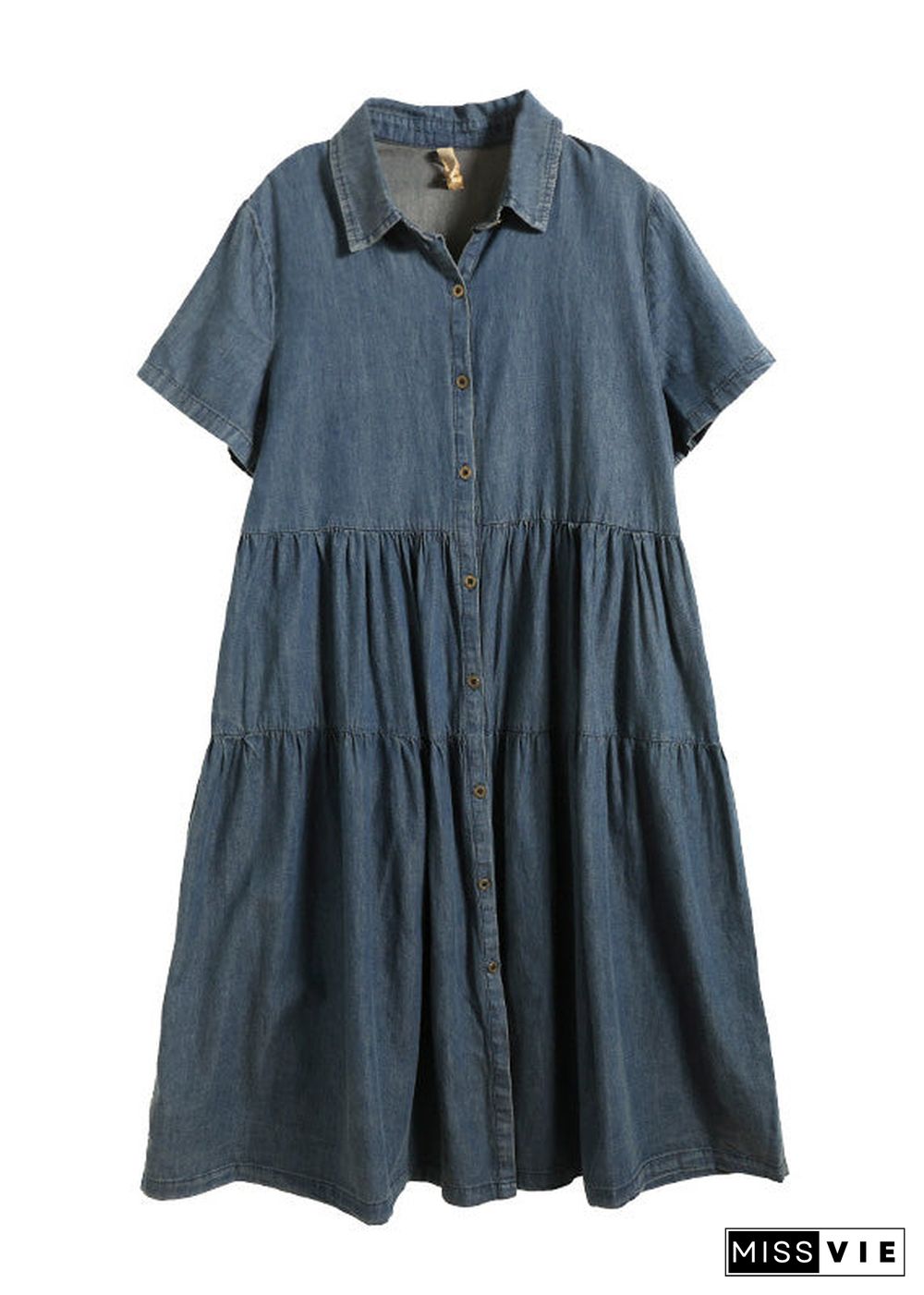 Retro Blue Patchwork Solid Silk Vacation Denim Long Shirt Dresses Summer