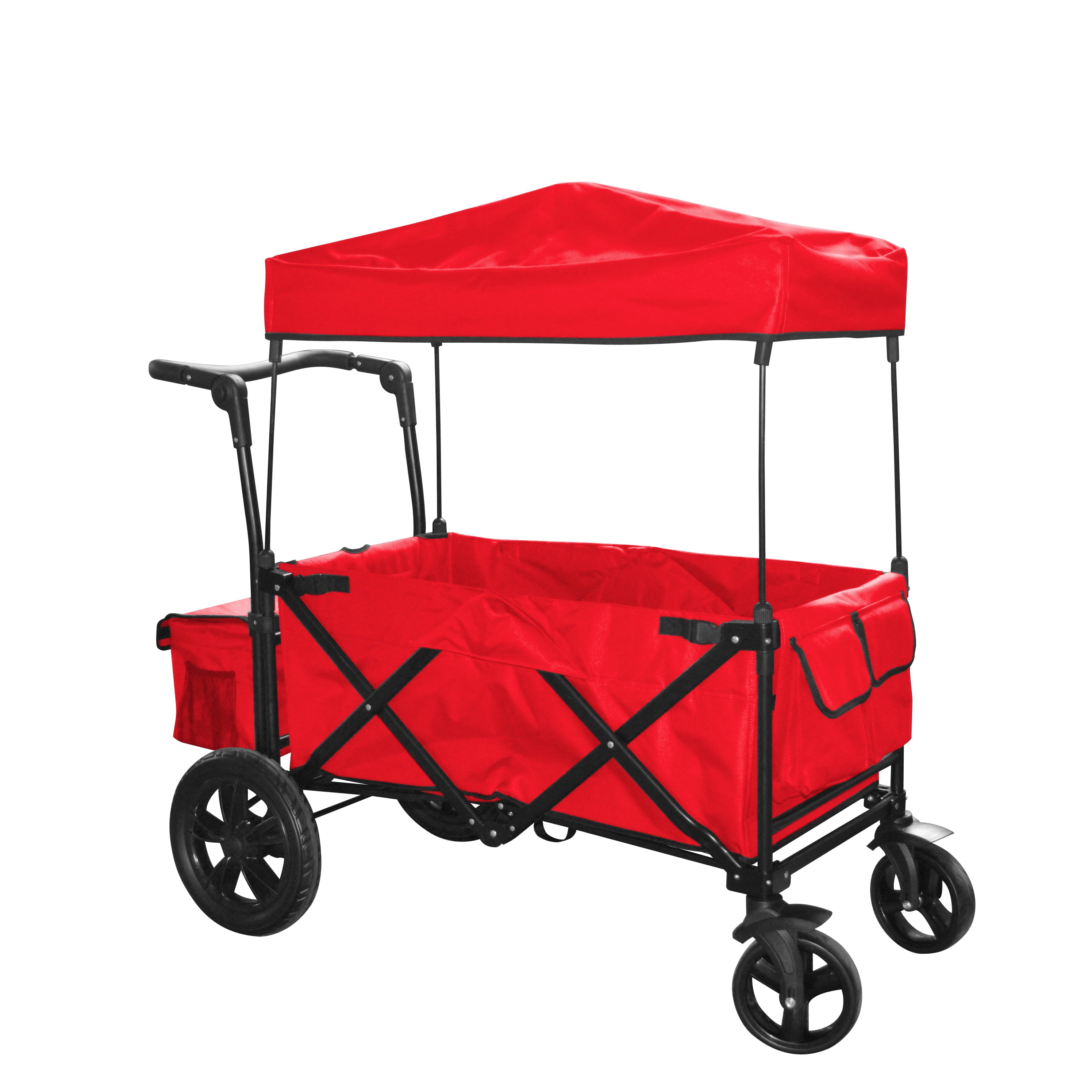 Red Push And Pull Handle With Rear Foot Brake Folding Stroller Wagon W/ Canopy Outdoor Sport Collapsible Baby Trolley Garden Utility Shopping Travel Cartfree Carrying Bag - Easy Setup No Tool Need