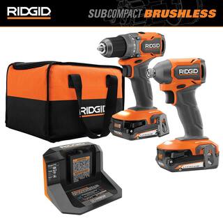 RIDGID 18V SubCompact Brushless 2-Tool Combo Kit with DrillDriver Impact Driver (2) 2.0 Ah Batteries Charger and Tool Bag R97801