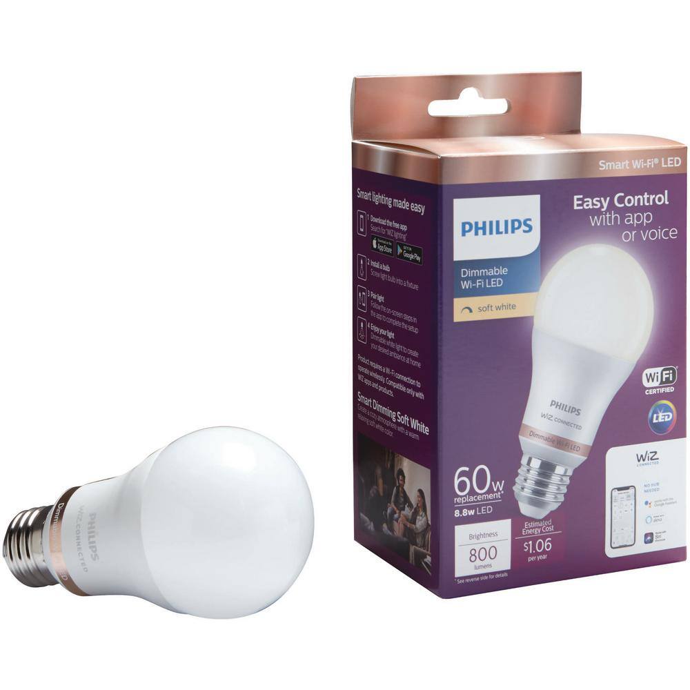 Philips Soft White A19 LED 60W Equivalent Dimmable Smart Wi-Fi Wiz Connected Wireless Light Bulb (1-Pack) 555474