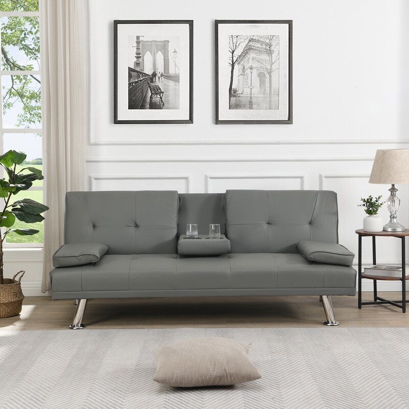 2 Holders Convertible Sectional Sofa Sleeper  Grey Couch Bed