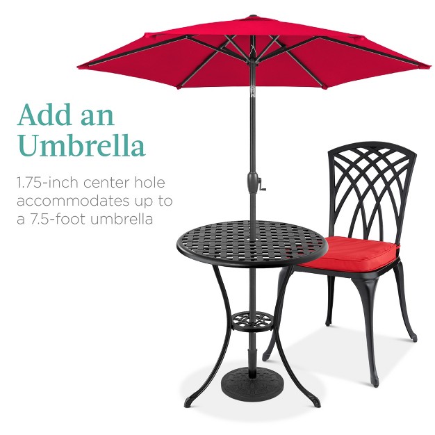 Best Choice Products 3 piece Aluminum Patio Bistro Set W Umbrella Hole 2 Chairs Polyester Cushions Black red