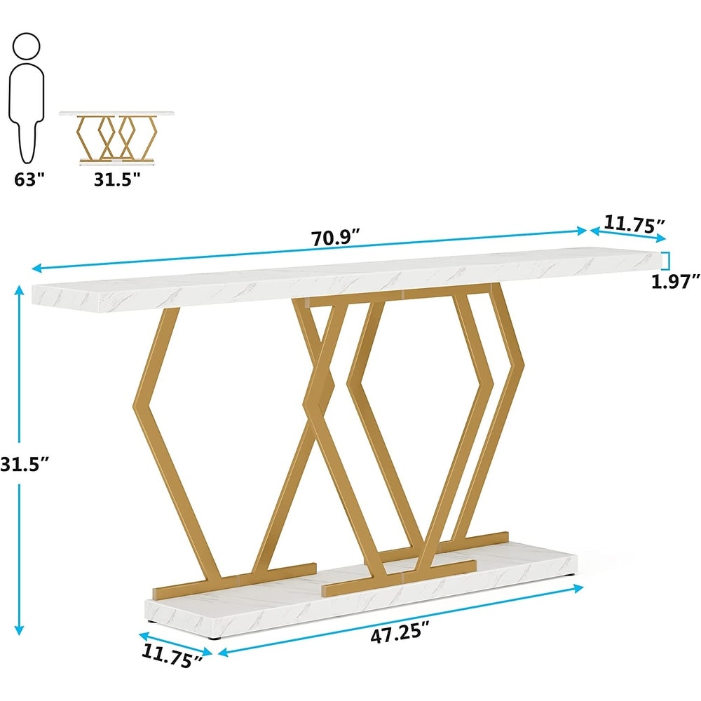 70.9 Inches Modern Console Table  Extra Long Sofa Table with Faux Marble Tabletop and Gold Base