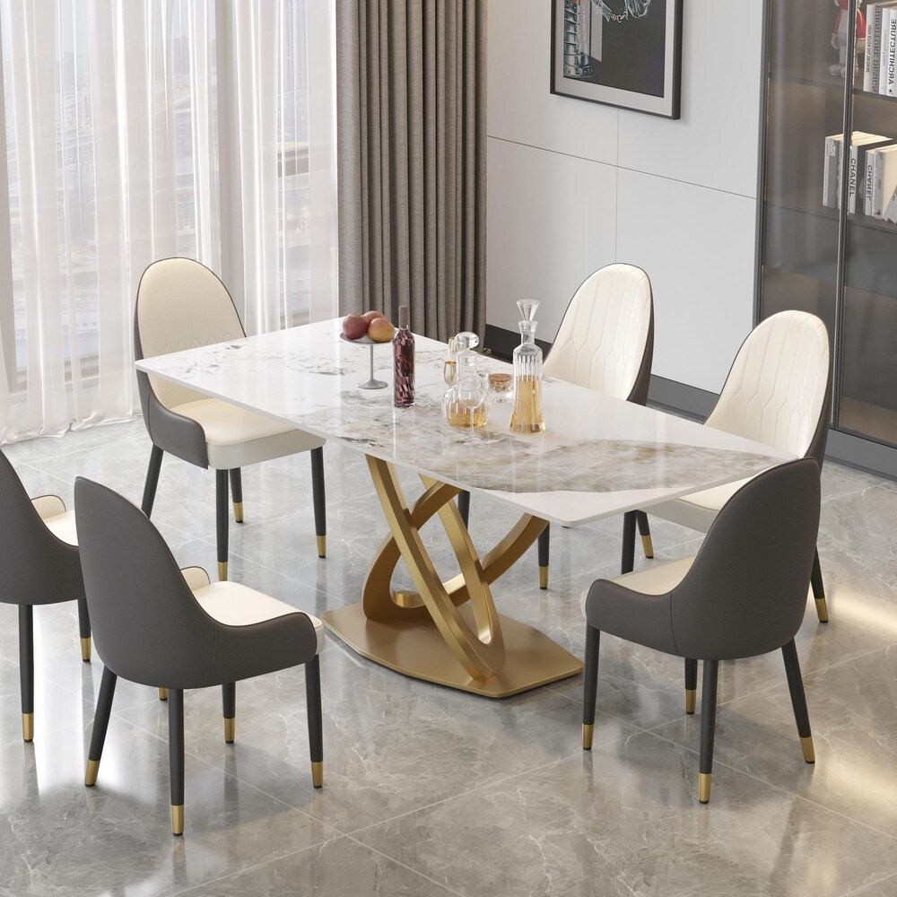 Modern Sintered Stone Dining Table Minimalist Artificial Marble Rectangular Table Top + Gold X cross Shaped Base