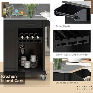 Black Kitchen Island on Wheels with 2-Drawers and Goblet Holder BF1663C267