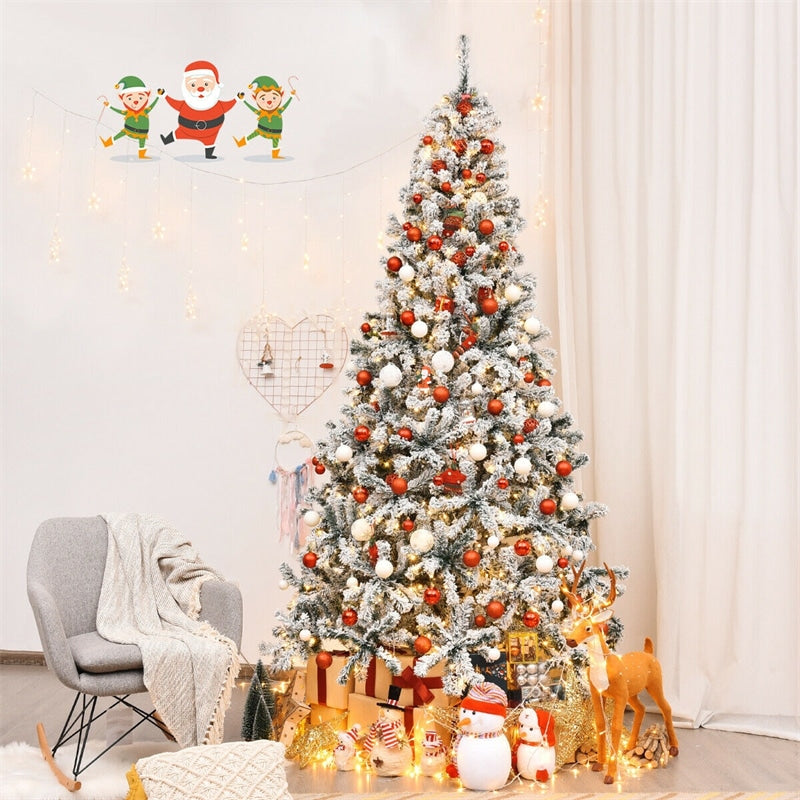 6/7.5/9FT Pre-Lit Hinged Artificial Christmas Tree, Premium PVC Snow Flocked Pine Tree with Metal Stand