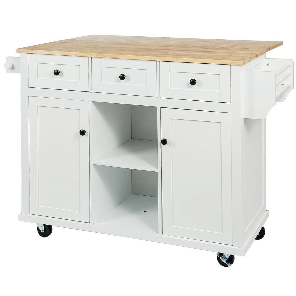 White Rubber Wood Desktop 53 in. W Kitchen Island on 5-Wheels with Storage Cabinet and 3-Drawers VJ026KIsland1