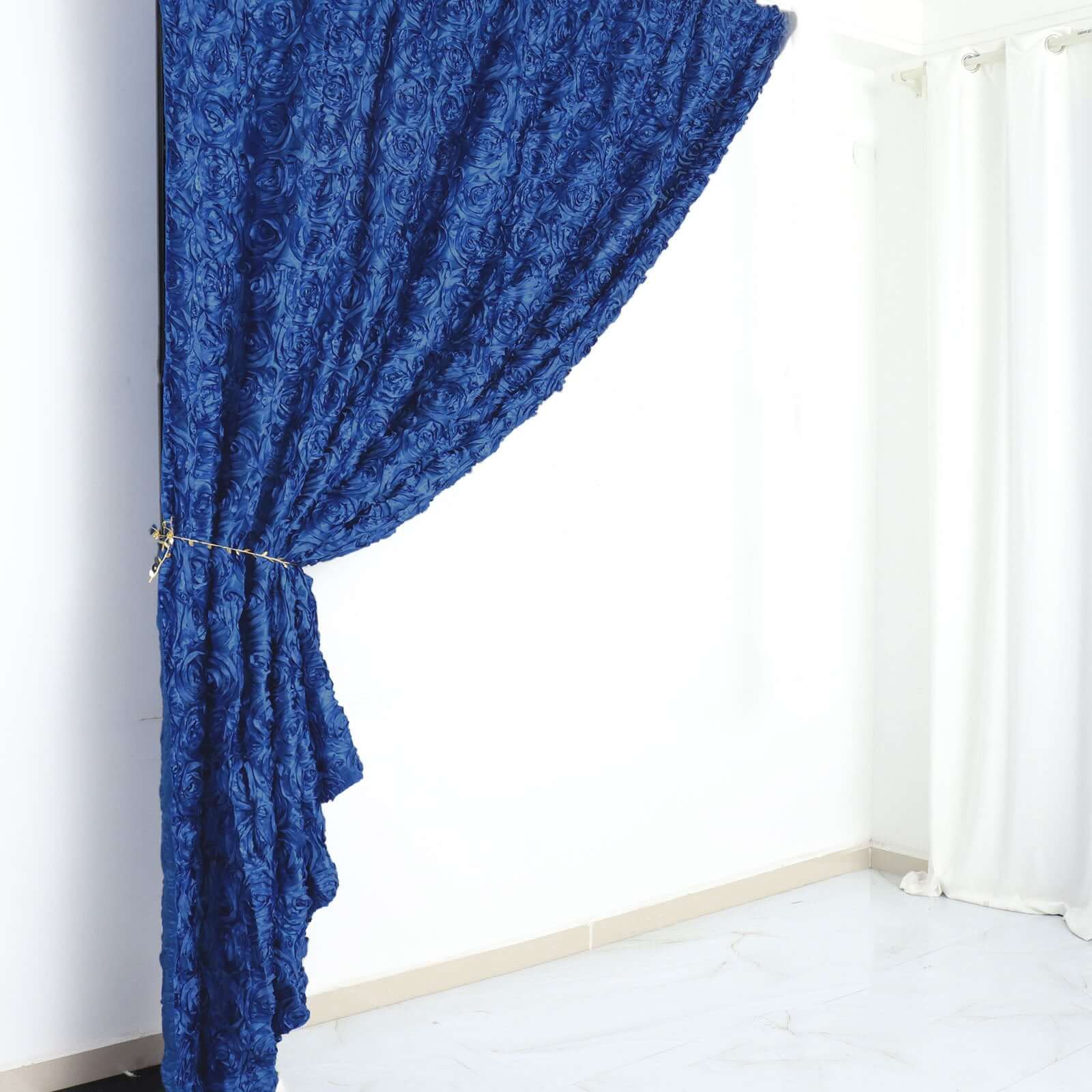 Royal Blue Satin Rosette Backdrop Drape Curtain, Photo Booth Event Divider Panel - 8ftx8ft