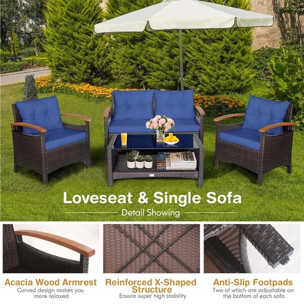 4 Pieces Patio Rattan Furniture Set with Cushioned Sofa and Storage Table - 46.5