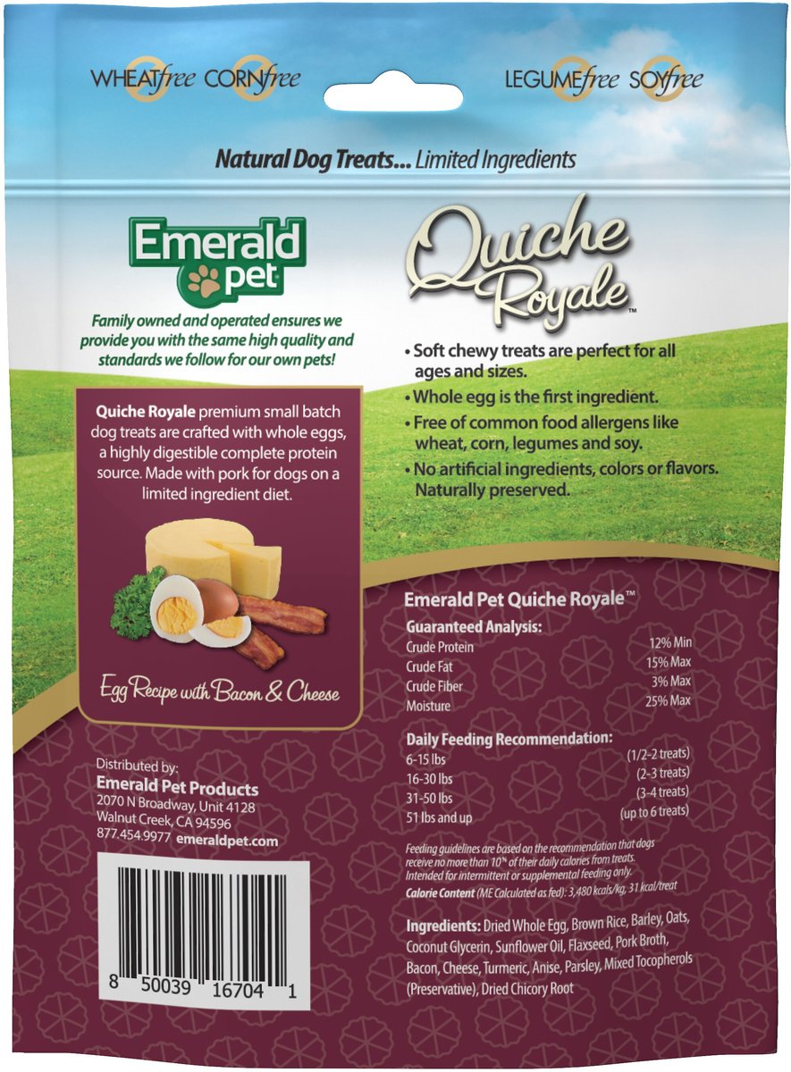 Emerald Pet Quiche Royale Egg Recipe with Bacon and Cheese Chewy Dog Treats， 6-oz bag