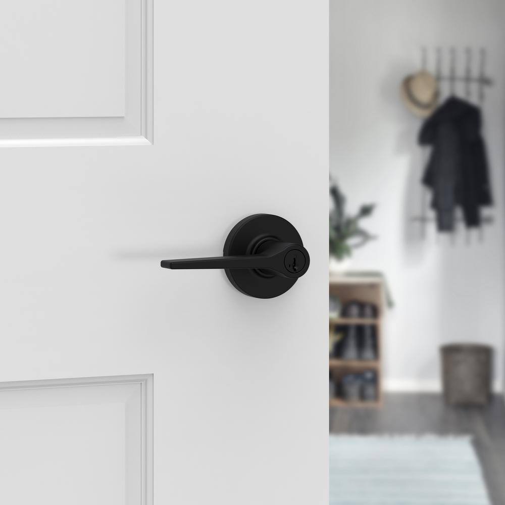 Kwikset Hollis Round Rose Matte Black Keyed Entry Door Lever featuring SmartKey Security 405HSLRDT514SMT