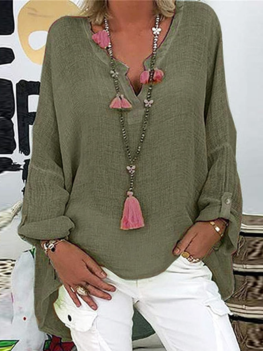 Loose Casual Solid Color V-Neck Long Sleeve Blouse