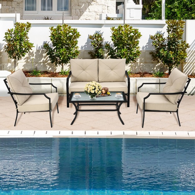 Costway 4 Pcs Patio Furniture Set Cushion Sofa Loveseat Sectional Garden Deck Poolside