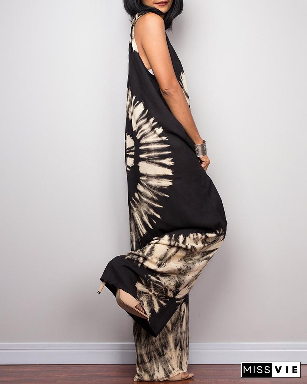 Tie-Dye Print Wide-Leg Lace-Up Loose Jumpsuit P15993