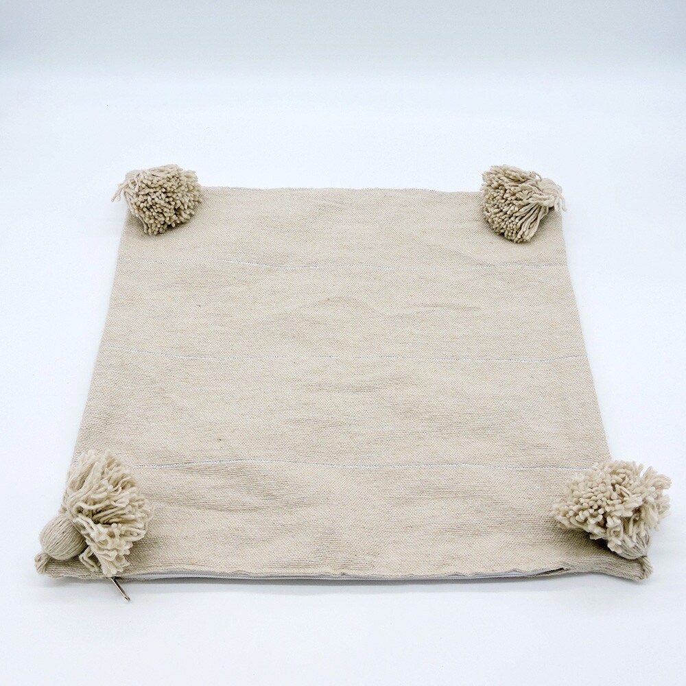 Moroccan Handmade Cotton PomPom Throw Pillow Cover Beige 19 x 19 Inches.