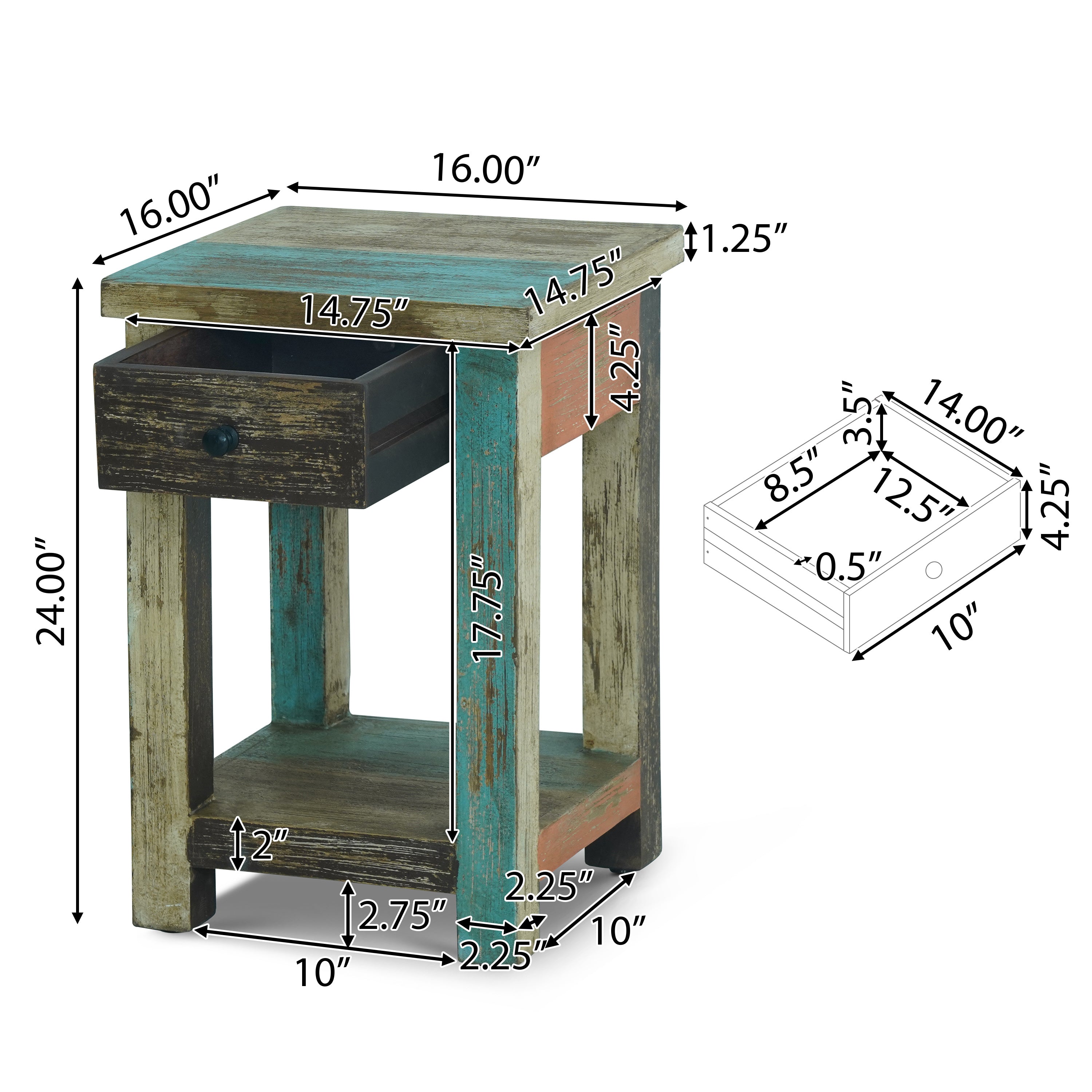 Tracey Boho Handmade Distressed Mango Wood Large Side Table, Multicolored