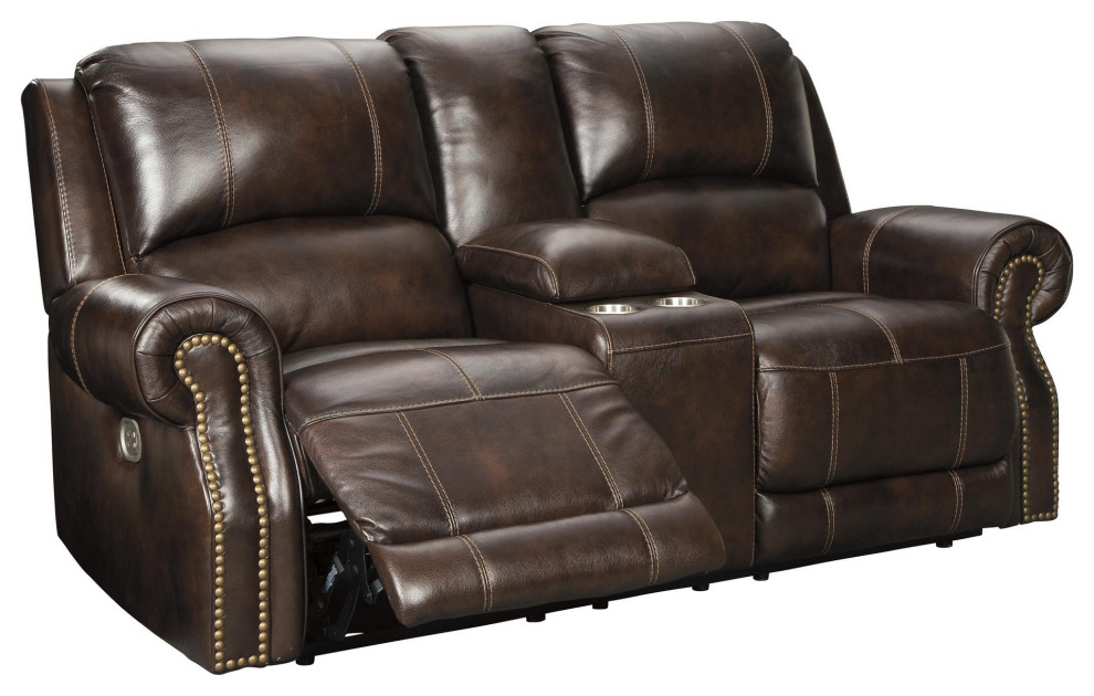 Nailhead Trim Leatherette Power Recliner Loveseat With Console  Dark Brown   Transitional   Loveseats   by VirVentures  Houzz