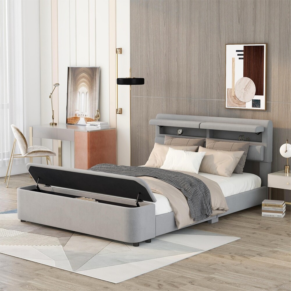 Upholstery Platform Bed with Storage Headboard and Footboard  Support Legs  Solid Wood Bedframe  No Need Spring Box