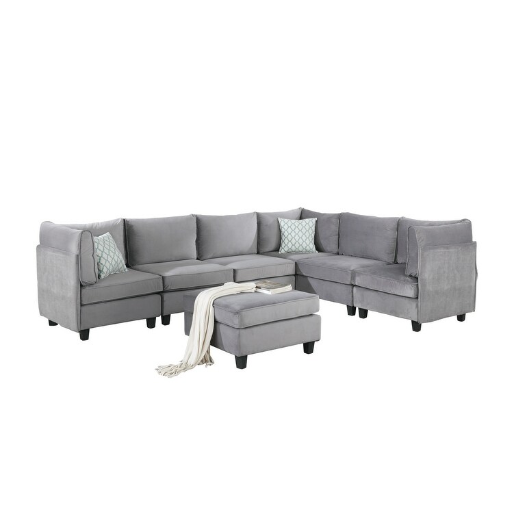 Modern 7Pc Modular Velvet Sectional Sofa with 2 Fabric Upholstery Corner Chairs and 1 Ottomans and 3 Armless Chairs