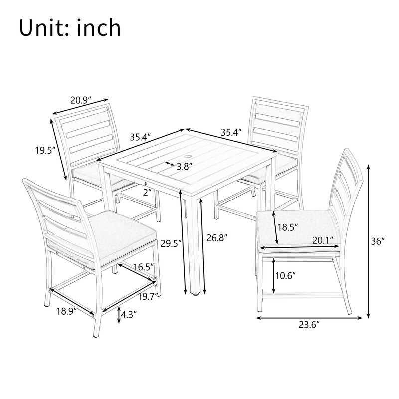 5 Piece Outdoor Dining Table Set for 4  Wood Top Dining Table with Umbrella Hole   4 Cushioned Chairs for Patio  Deck  Porch