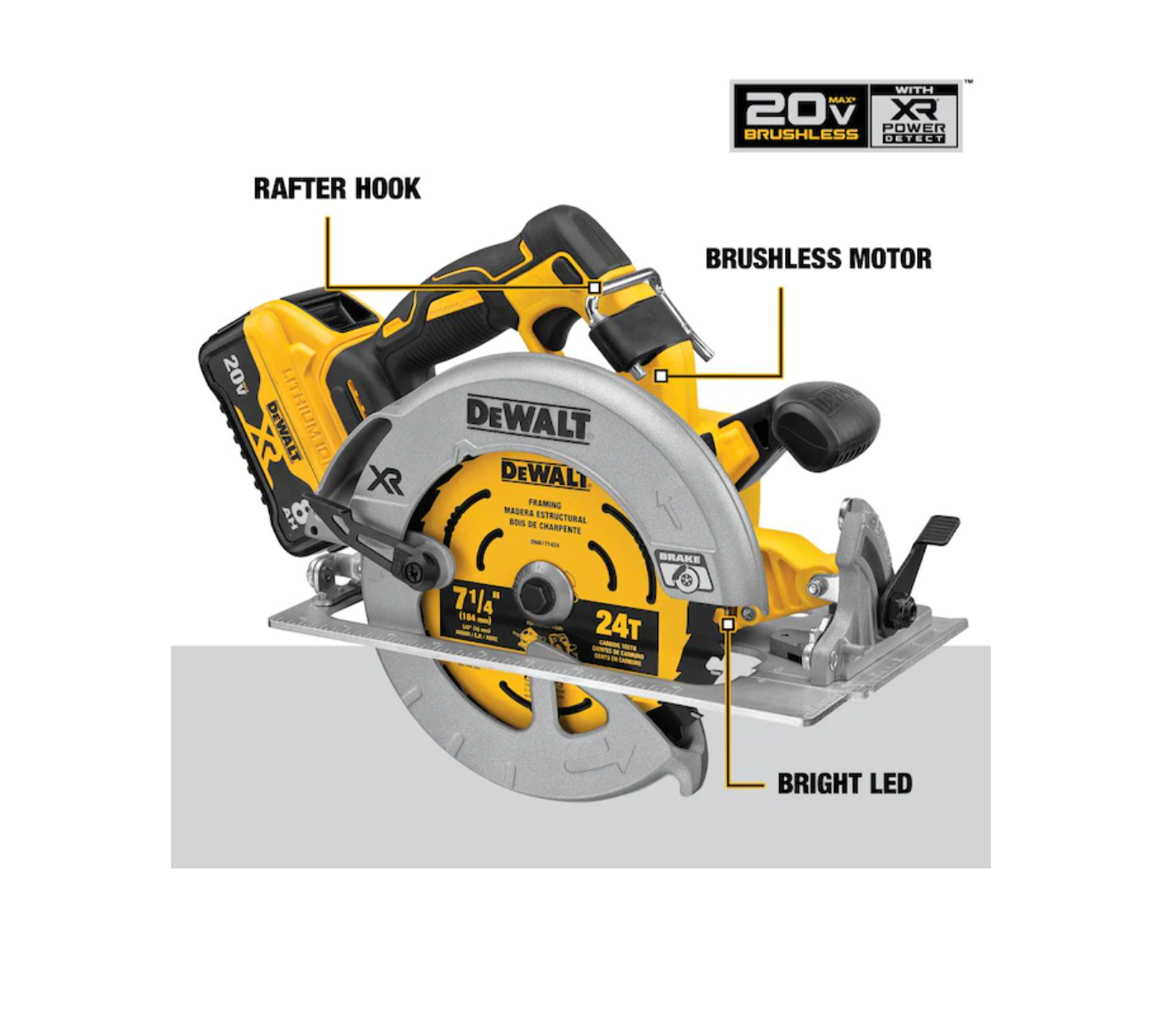 DEWALT DCS574W1 XR POWER DETECT 20-Volt Max 7-1/4-in Brushless Cordless Circular Saw (1-Battery and Charger Included)