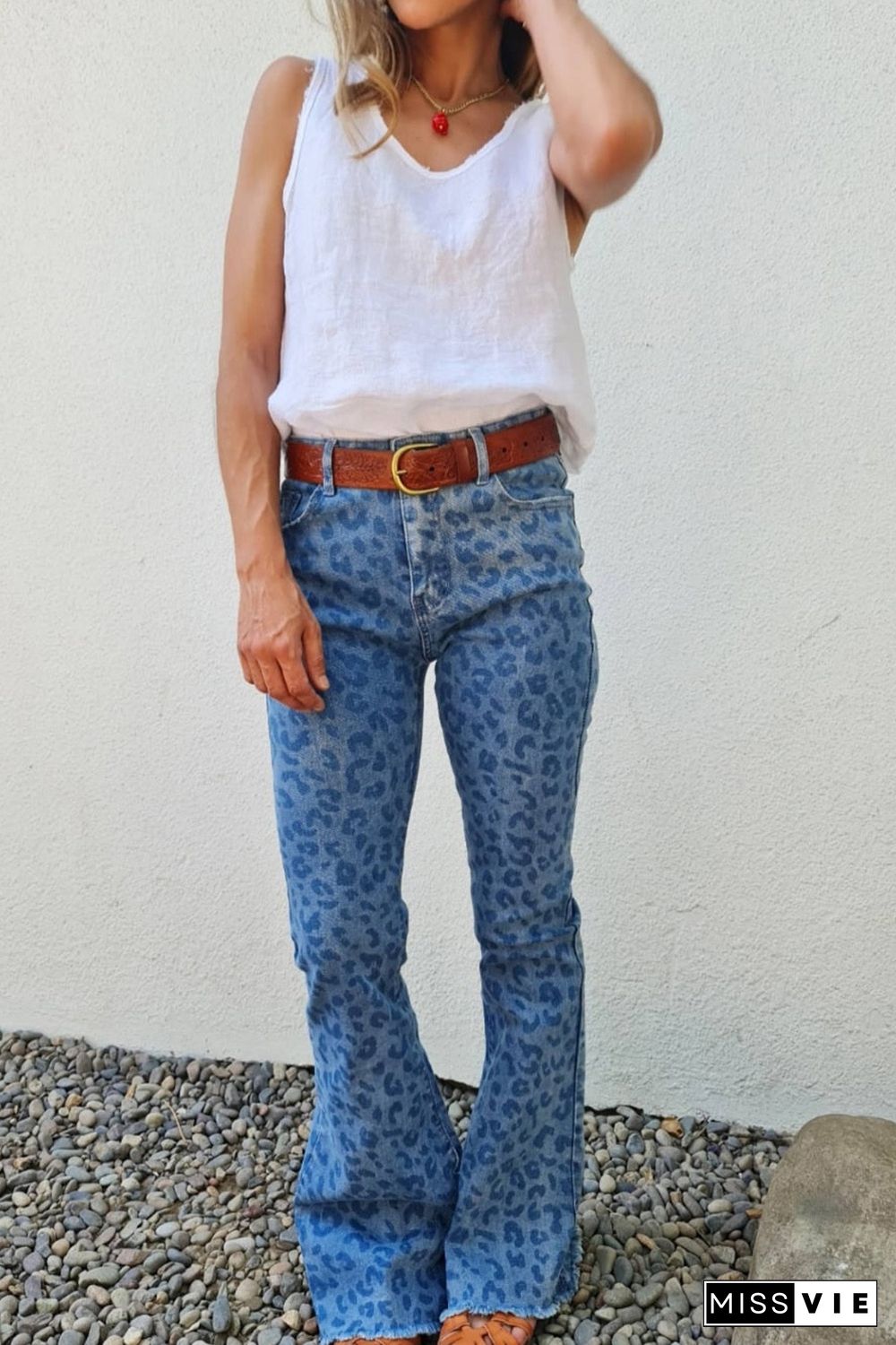 Sky Blue Leopard Print Raw Hem High Waist Flare Jeans