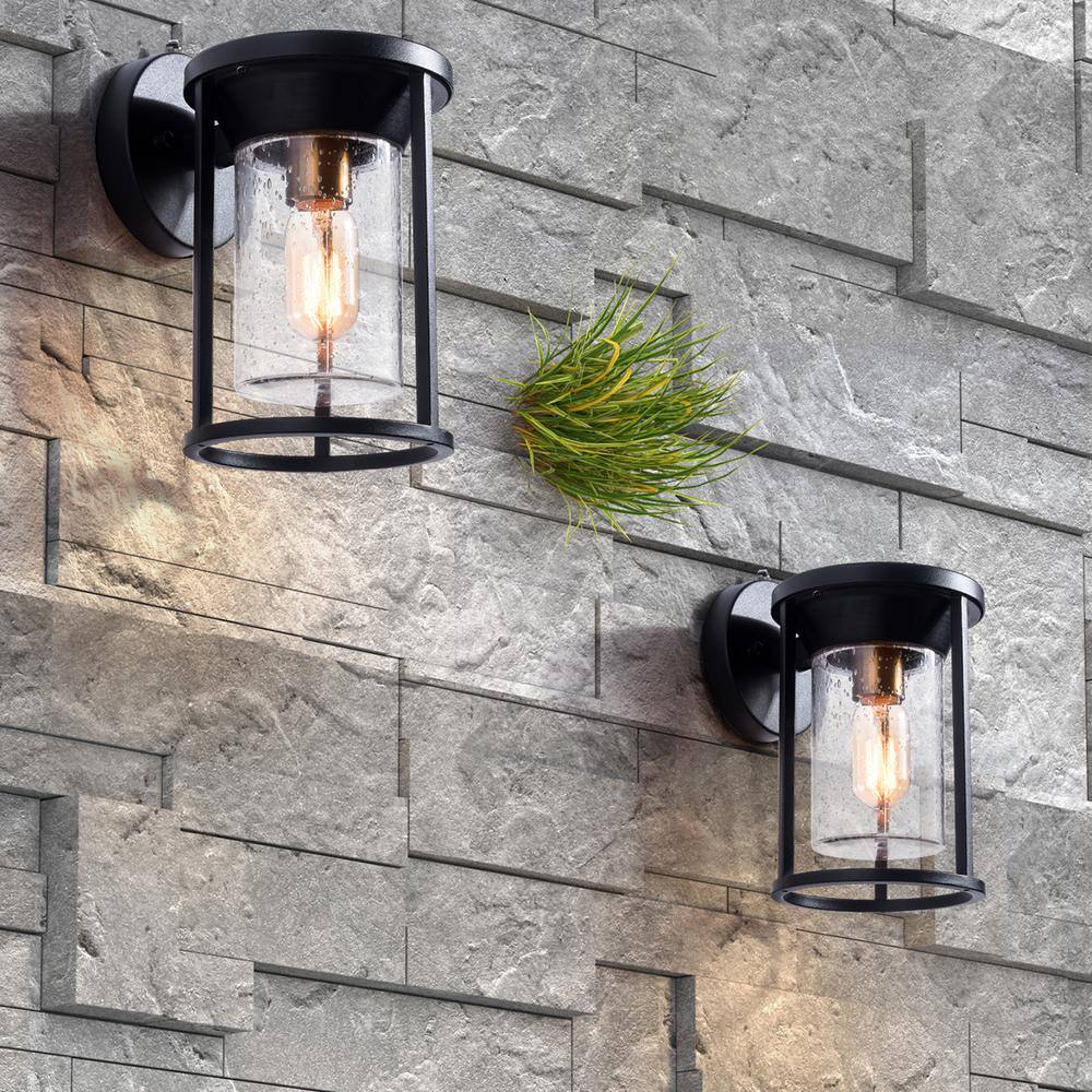 Maxax Hawaii 11.02 in. H Black Seeded Glass Hardwired Outdoor Wall Lantern Sconce with Dusk to Dawn (Set of 2) 25252W