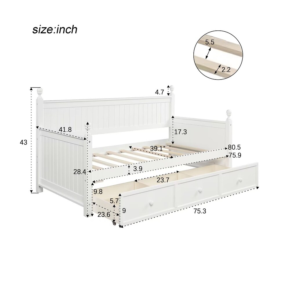 Wood Daybed with Three Drawers  Twin Size Daybed No Box Spring Needed for Bedroom  White