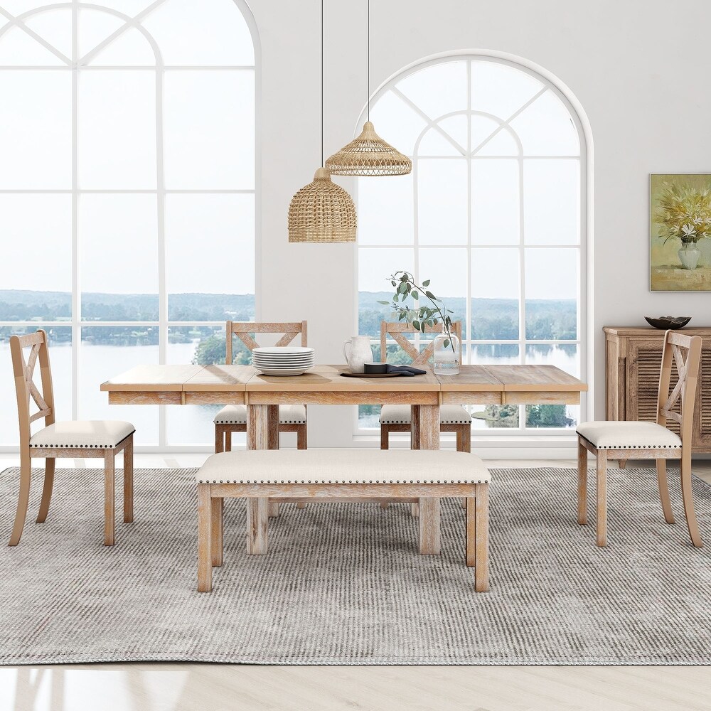 6 Pc Extendable Rectangular Dining Table with Footrest  4 Linen Upholstered Dining Chairs and Bench  Two 11\