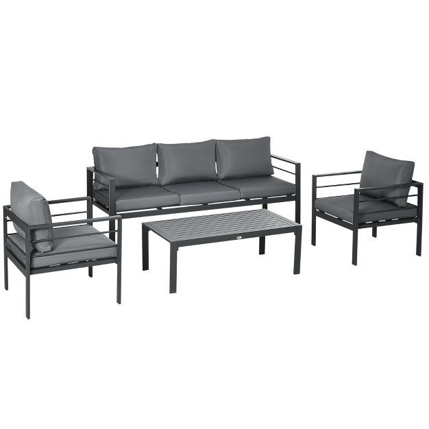 Outsunny Patio Furniture Set 4 Pieces Outdoor Conversation Set With Water resistant Cushions Coffee Table 3 seater Sofa 2 Chairs For Porch Gray