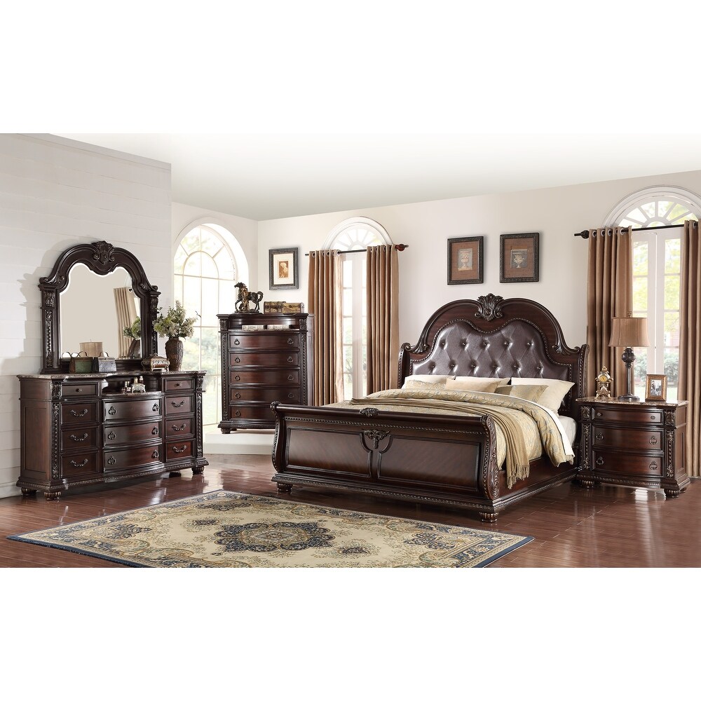 Anthea 5 Piece Cherry Brown Fabric Upholstered Tufted Sleigh Bedroom Set