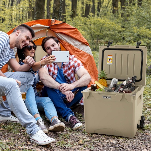 Costway 42 Qt Portable Cooler Roto Molded Ice Chest Insulated 5 7 Days With Wheels Handle Charcoal tan