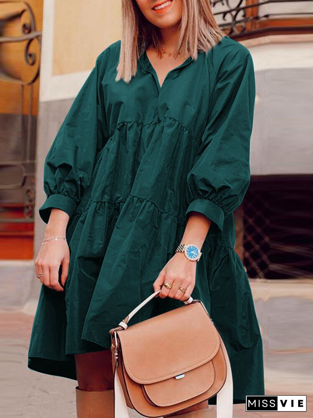 Solid Color Lapel V-neck Collar Lantern Sleeve Midi Dress