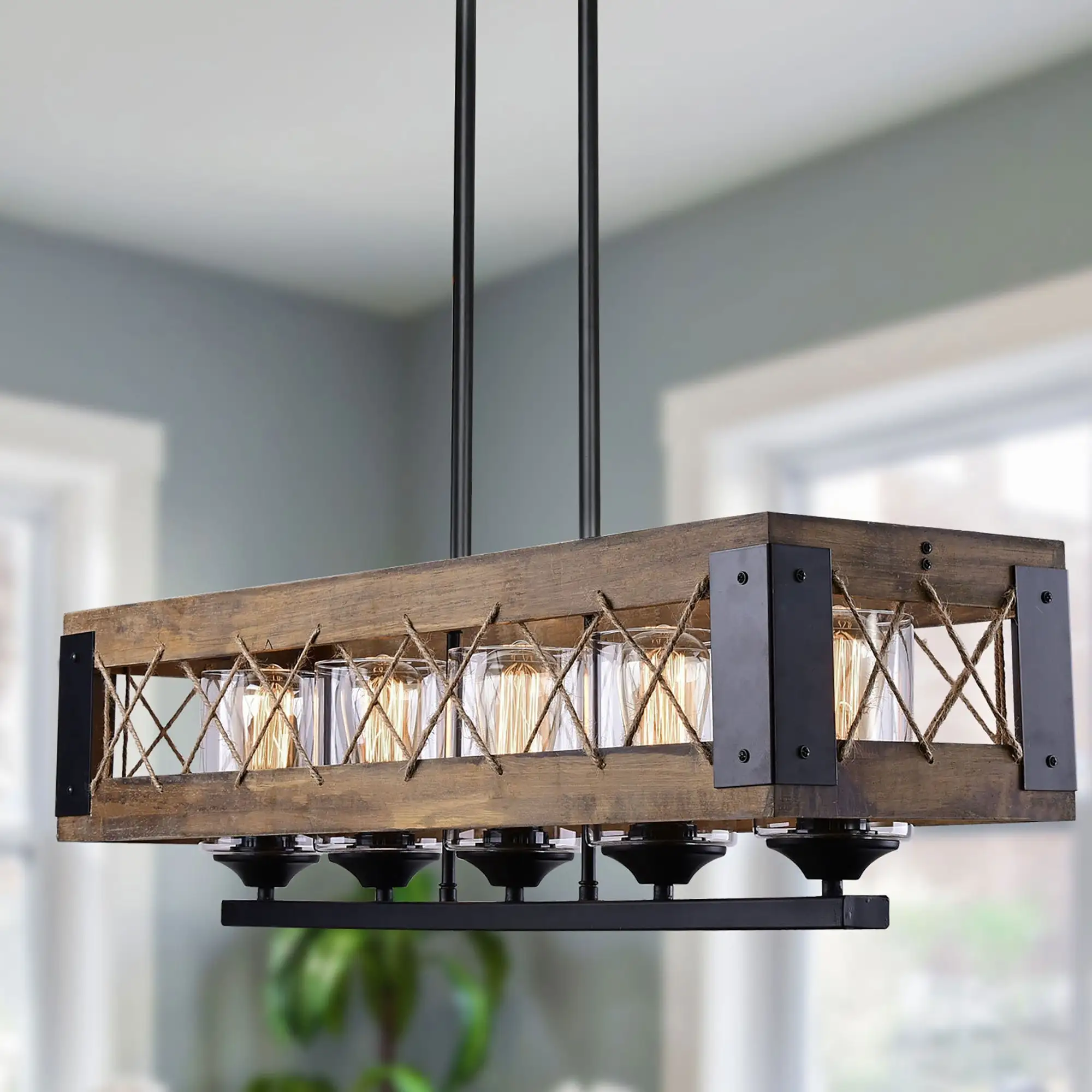 Farmhouse 32-in Linear 5-Light Wood Chandelier Rustic Island Lights