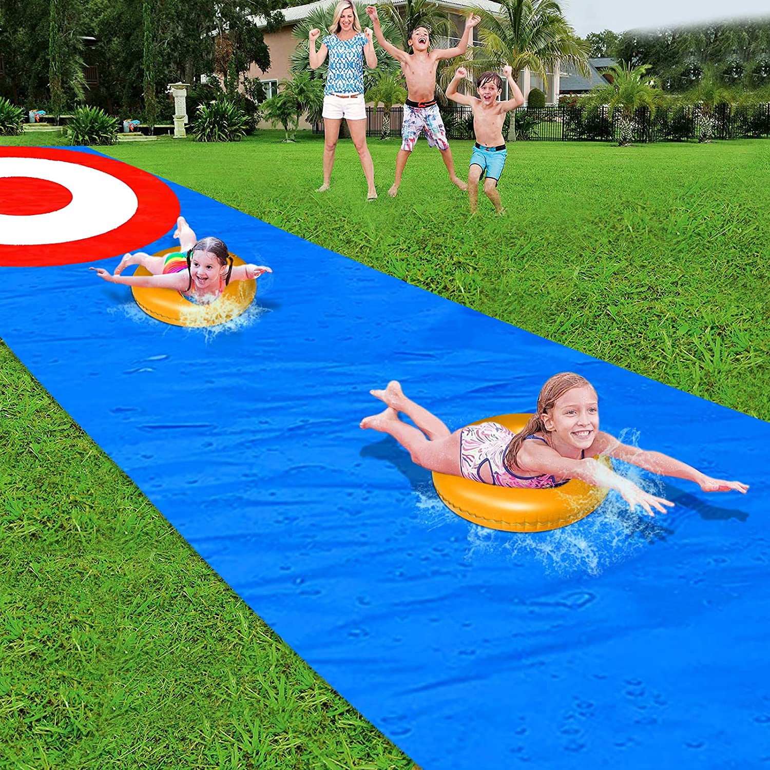 Kids Slip and Slide Water Slide 33ft x 59in Backyard Waterslide with Inflatable Pool Floats Outdoor Water Toys Sliding Racing Lane for Adults Summer Yard Lawn Games