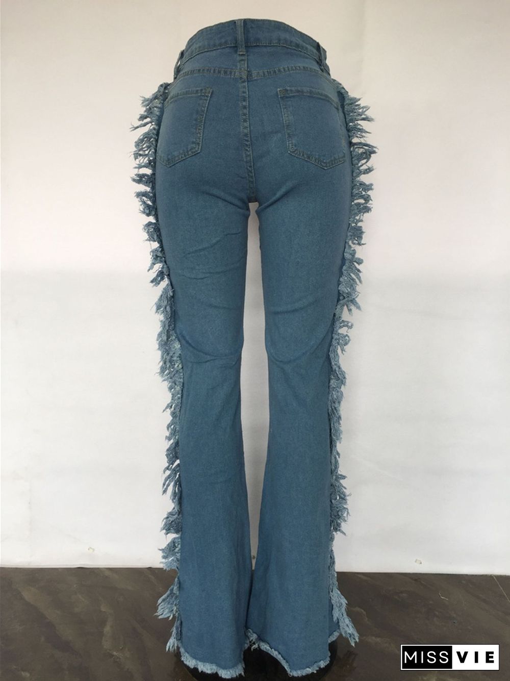 Chic Lace Up Hollow Out Tassel Side Flare Jeans