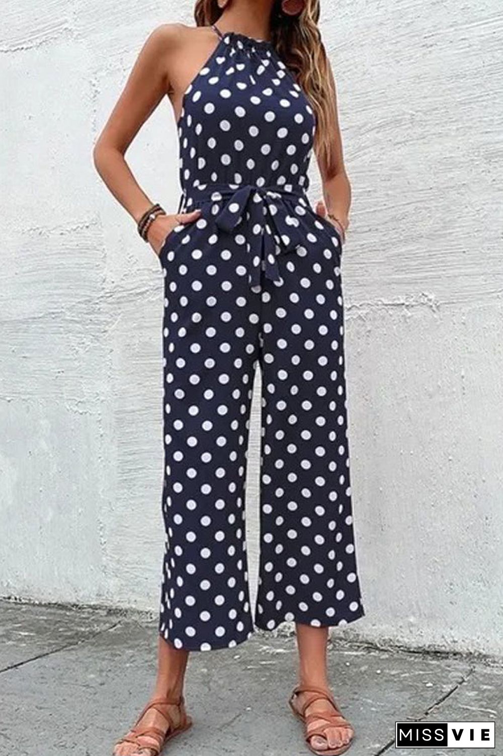 Navy Polka Dot Print Halter Jumpsuit