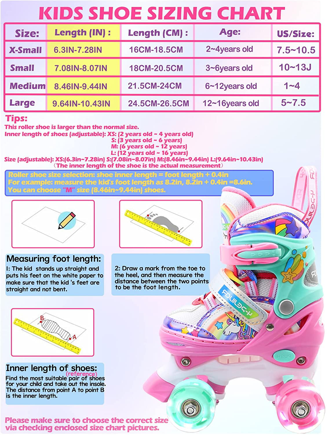 Roller Skates for Kids Girls Rainbow Unicorn Toddler Roller Skates W/Full Light up Wheels for Outdoor Beginner Rollerskates for  Gifts