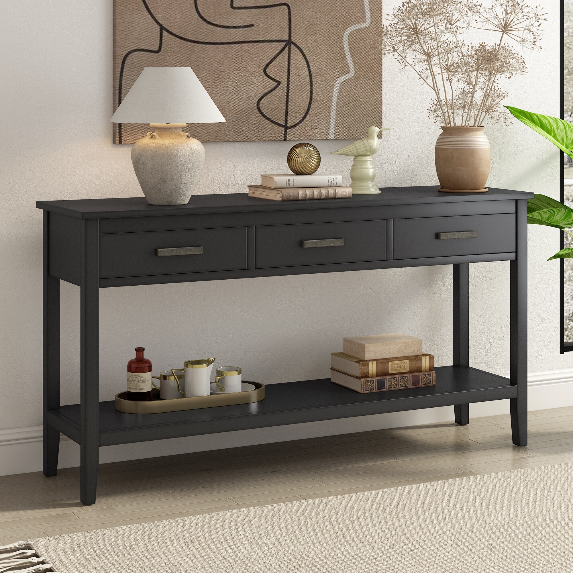 3-Drawer Console Table with 1 Shelf， Classic Entrance Storage Display Table for Entryway， Living Room， Hallway