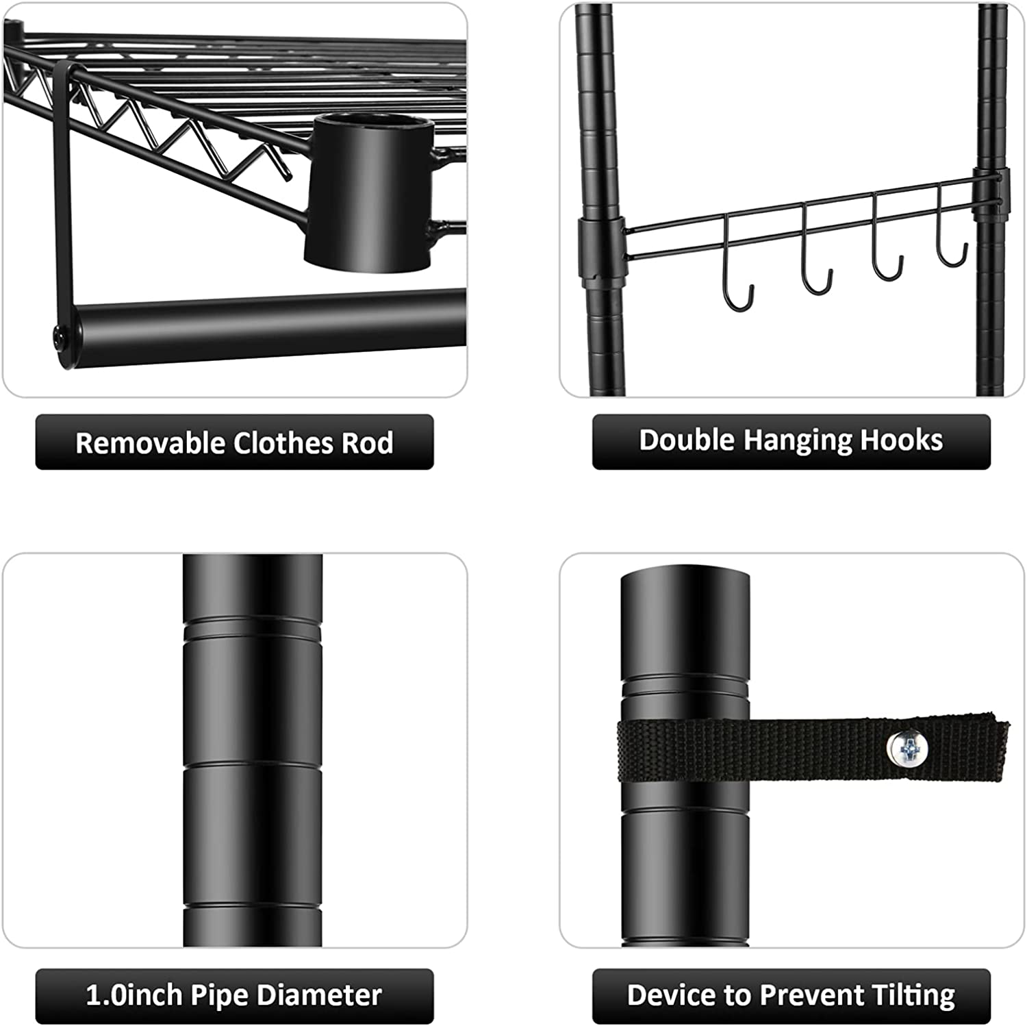 Closet Rack,Wire Metal Clothing Rack, Heavy Duty Removable Sliding Hanging Rods and Side Hooks, with Rods and Side Hooks Load 750Lbs, Black